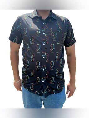 Trippy Rainbow Mushroom Button-Up Shirt -Psychedelic Rainbow Outline men’s XL
